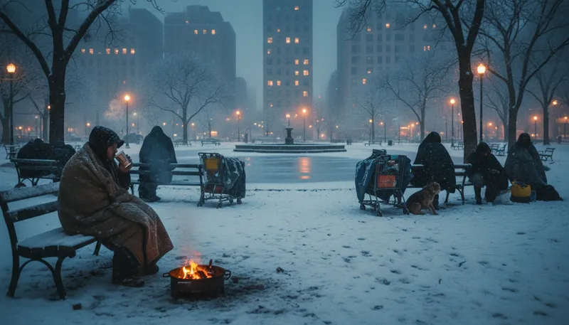 Illustration of homelessness: The state of lacking a fixed residence.