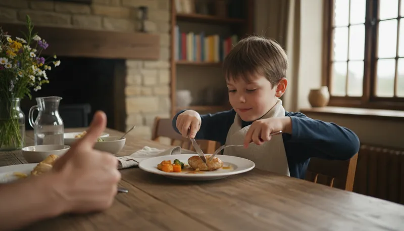 Illustration of cut with a knife and fork: to eat using utensils.