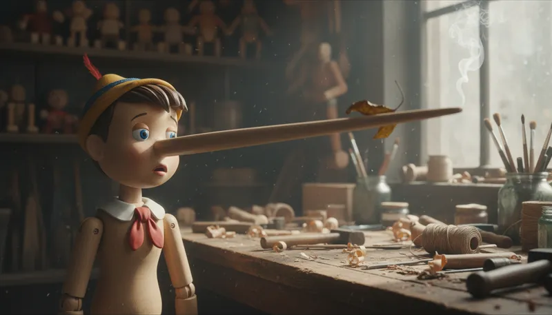 Illustration of pinocchio: A character known for his nose growing when lying.