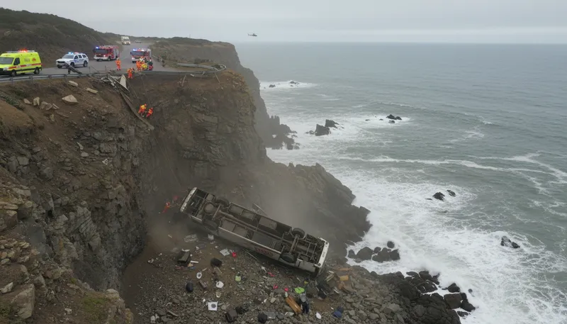 Illustration of bus plunge: A serious bus accident.