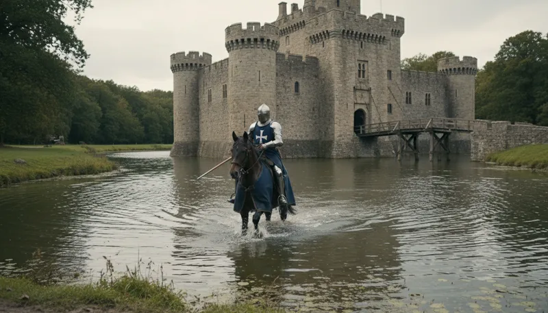 Illustration of moat: A deep, wide ditch surrounding a castle.
