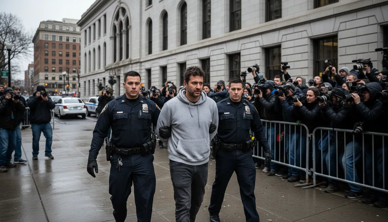 perp walk 일러스트: A police escort of an arrested person.