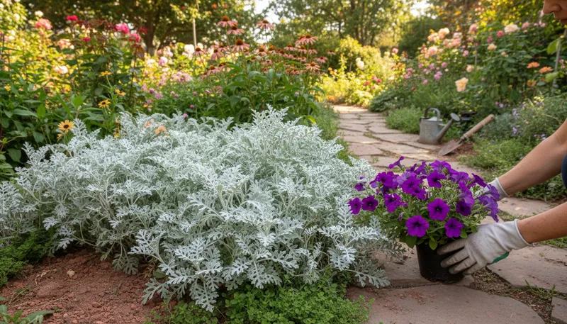 Illustration of dusty miller: A silver-leaved plant often used in gardens.