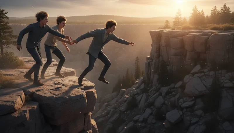 Illustration of follow someone off a cliff: To blindly follow someone's poor decisions.