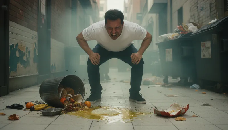Illustration of barf: To vomit or bring up food.