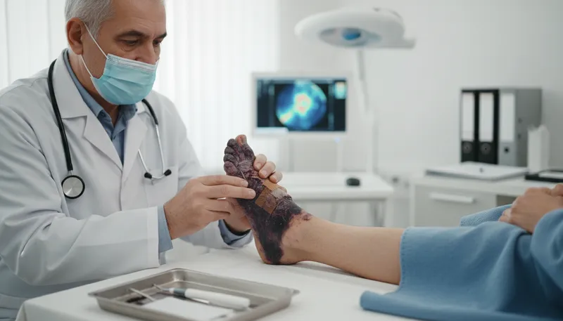 Illustration of gangrene: Tissue death due to lack of blood flow.