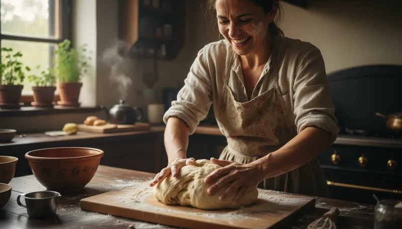 Illustration of knead: To work dough by pressing and folding.