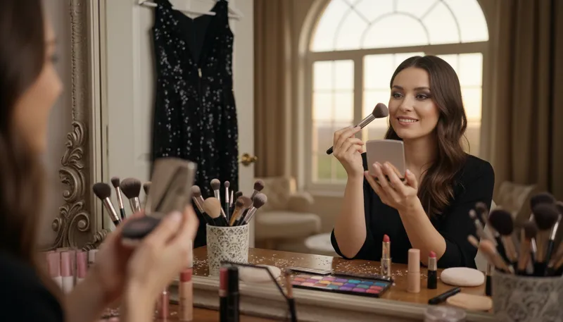 Illustration of makeup: Cosmetics applied to the face.