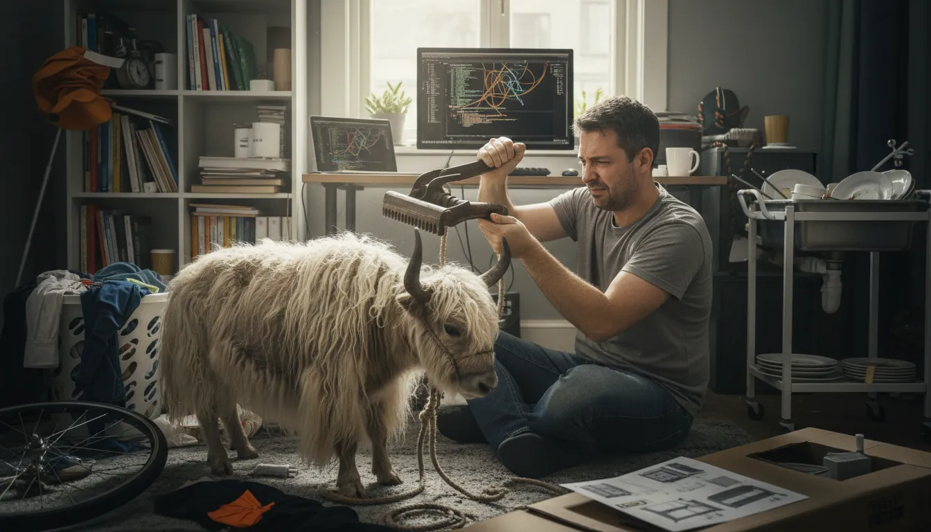 Illustration of yak shaving: doing unrelated tasks that block the real task