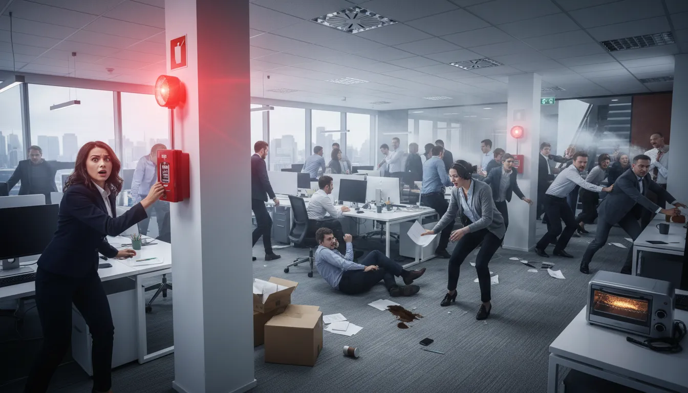 all hell breaks loose का चित्र: Chaos or trouble suddenly occurs.