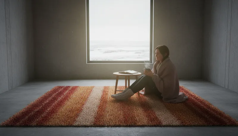 Illustration of rug: A piece of thick fabric covering the floor.