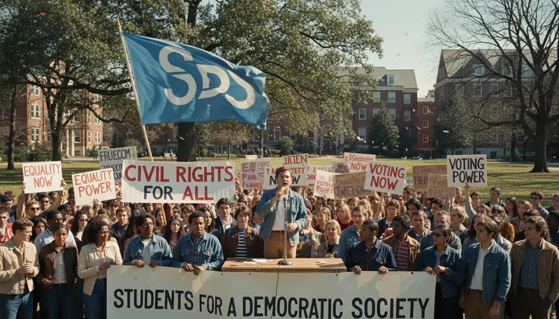 Illustration of sds: Students for a Democratic Society organization.