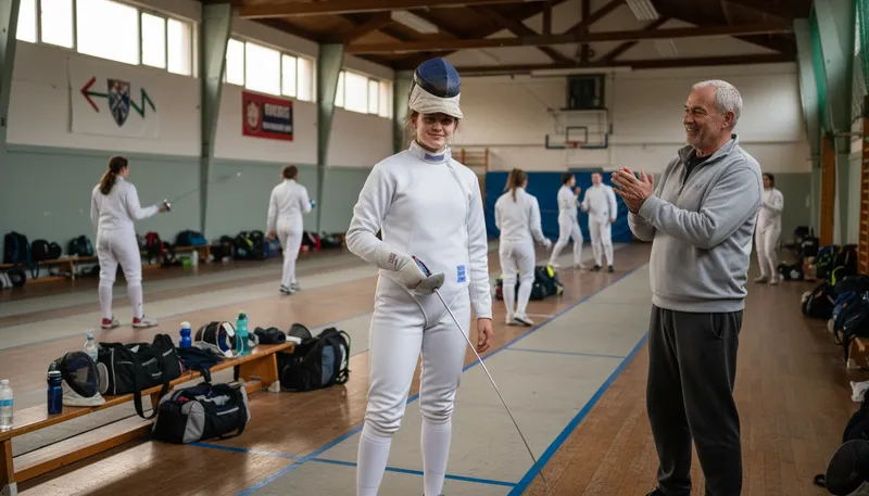 Illustration of fence: to engage in the sport of fencing