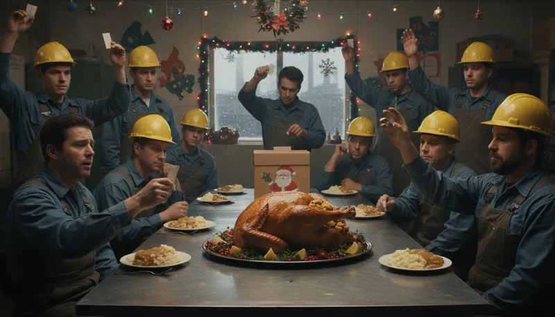 Illustration of like turkeys voting for christmas: Making a choice that seems against one's interests.