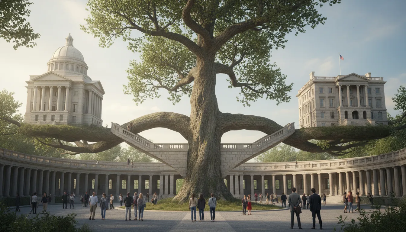 Illustration of separation of powers: Dividing government power among separate branches so no single group controls everything.