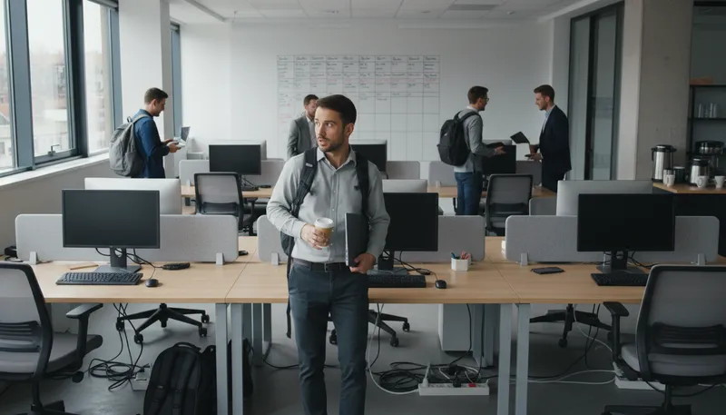 Illustration of hot desking: Sharing desks in a workplace without assigned seats.