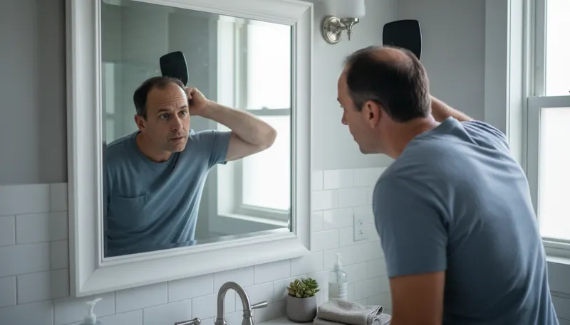 Illustration of balding: Loss of hair on the scalp.