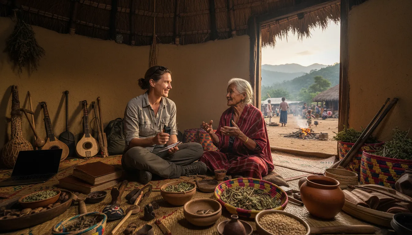 Illustration of ethnologist: A scientist who studies and compares the cultures of different peoples.