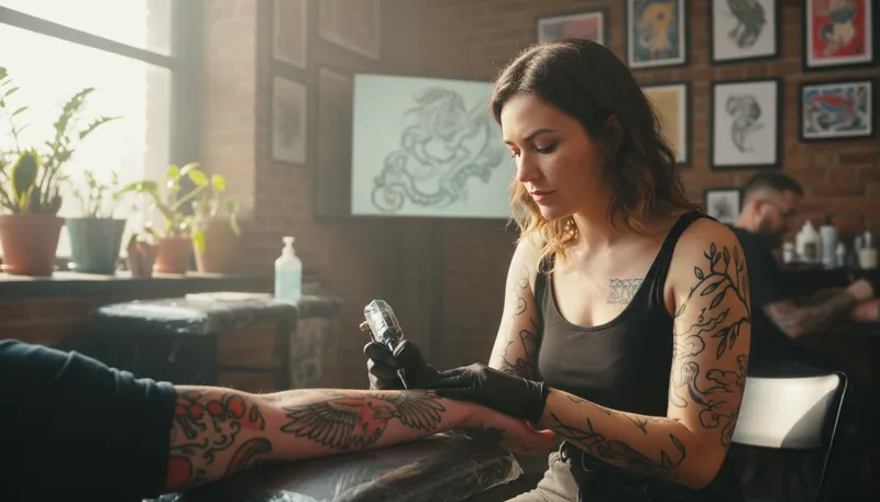 Illustration of tattooing: the act of marking skin with ink.