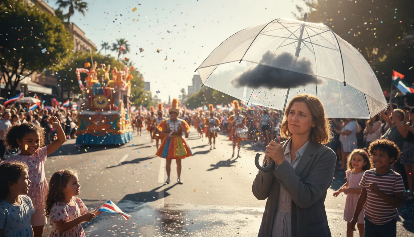 Иллюстрация rain on someone's parade: to ruin someone's plans or happiness.