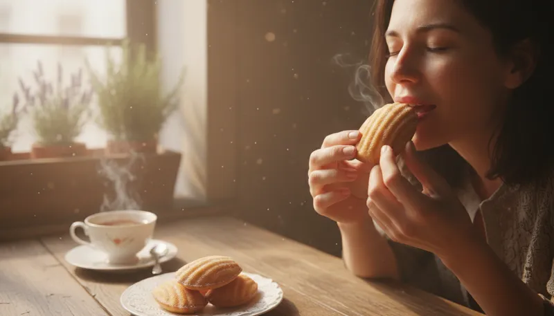 Illustration of madeleine: A small, shell-shaped cake.