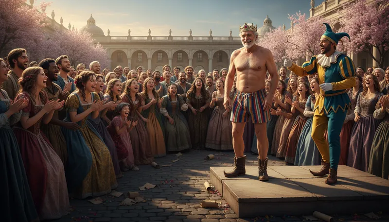 Illustration of emperor's new clothes: a situation where people ignore obvious truth.