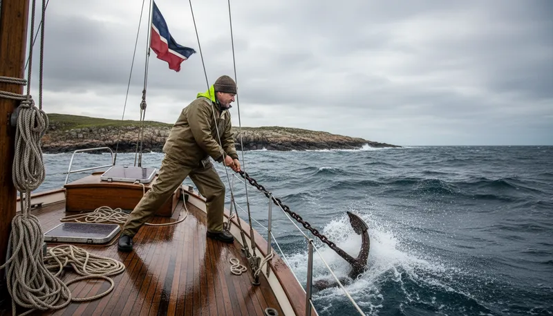 Illustration of lay an anchor to the windward: Secure stability against strong forces.