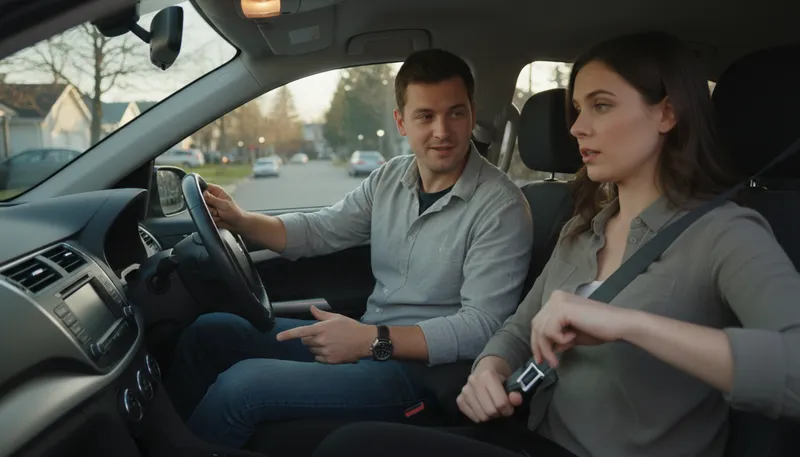 Illustration of would you mind putting on your seat belt: a polite request to fasten a seat belt.