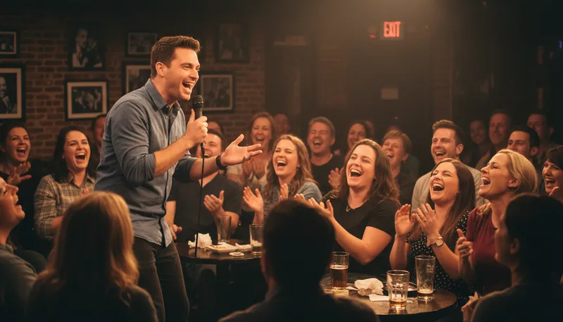 Illustration of standup: A style of comedy performed by a single person.