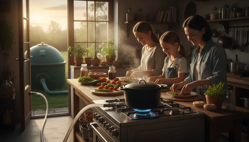 Illustration of biogas: Gas produced from organic waste decomposition.