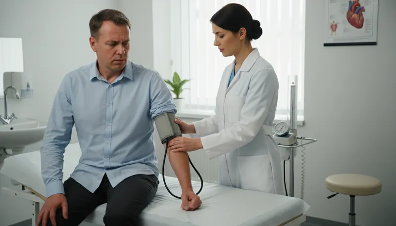Illustration of white coat hypertension: high blood pressure in medical settings.