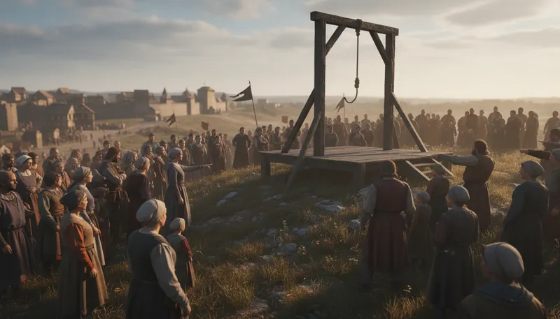 Illustration of gallows: A structure for executing by hanging.