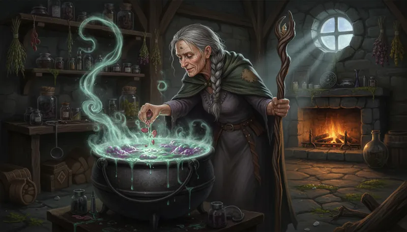 Illustration of witch: A woman with magical powers.
