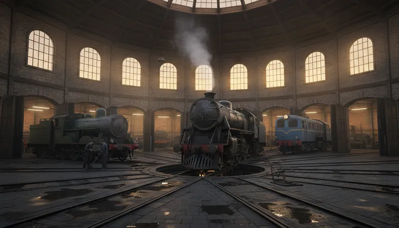 Illustration of roundhouse: a building for storing and repairing trains.
