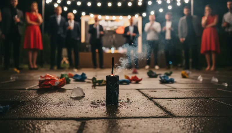 Illustration of wet firecracker: someone who fails to impress or excite