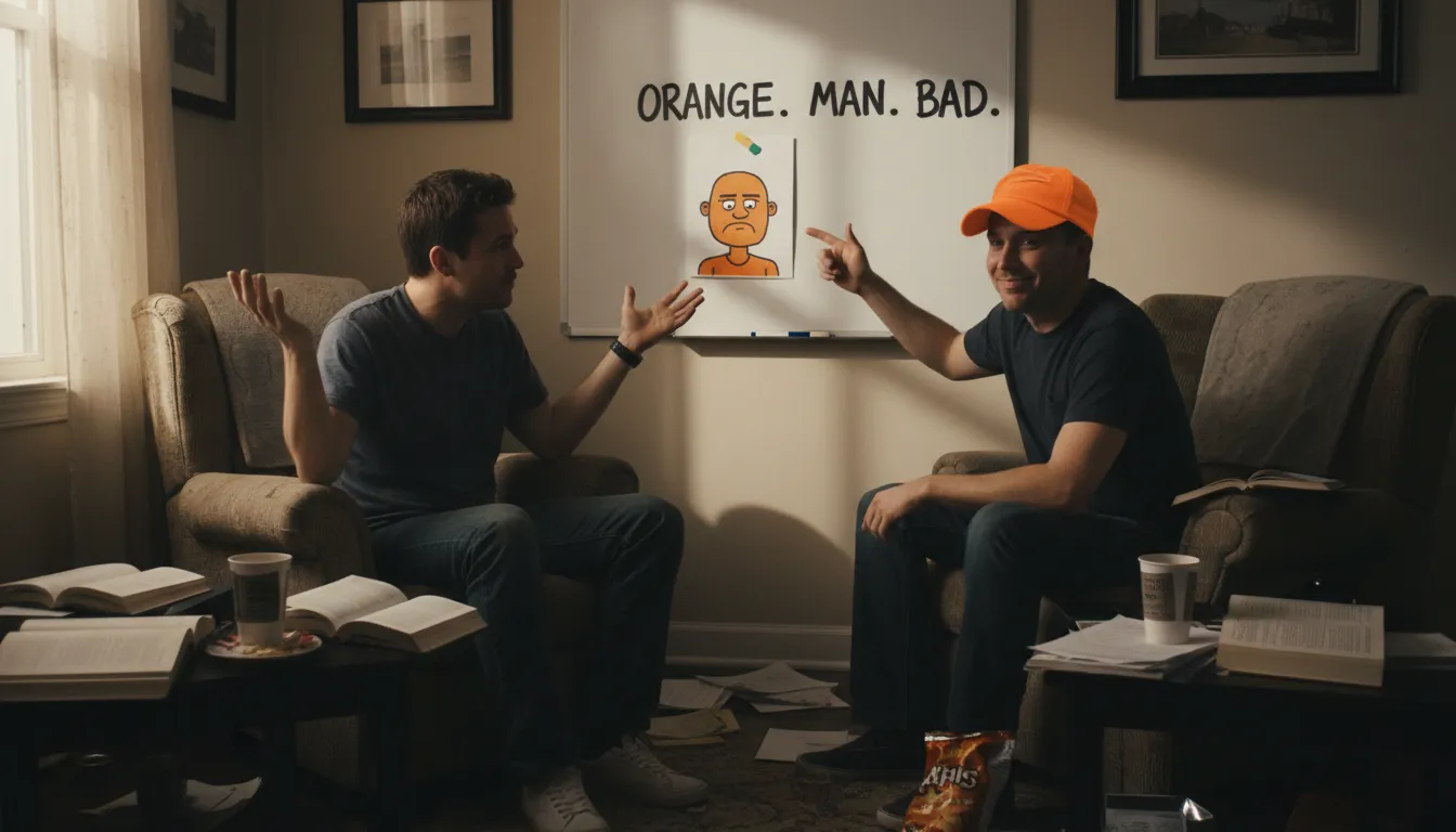 orange man bad 的插图：a satirical phrase mocking critics of Donald Trump