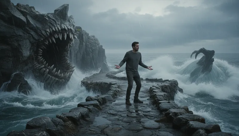 Illustration of between scylla and charybdis: Facing two dangerous choices.