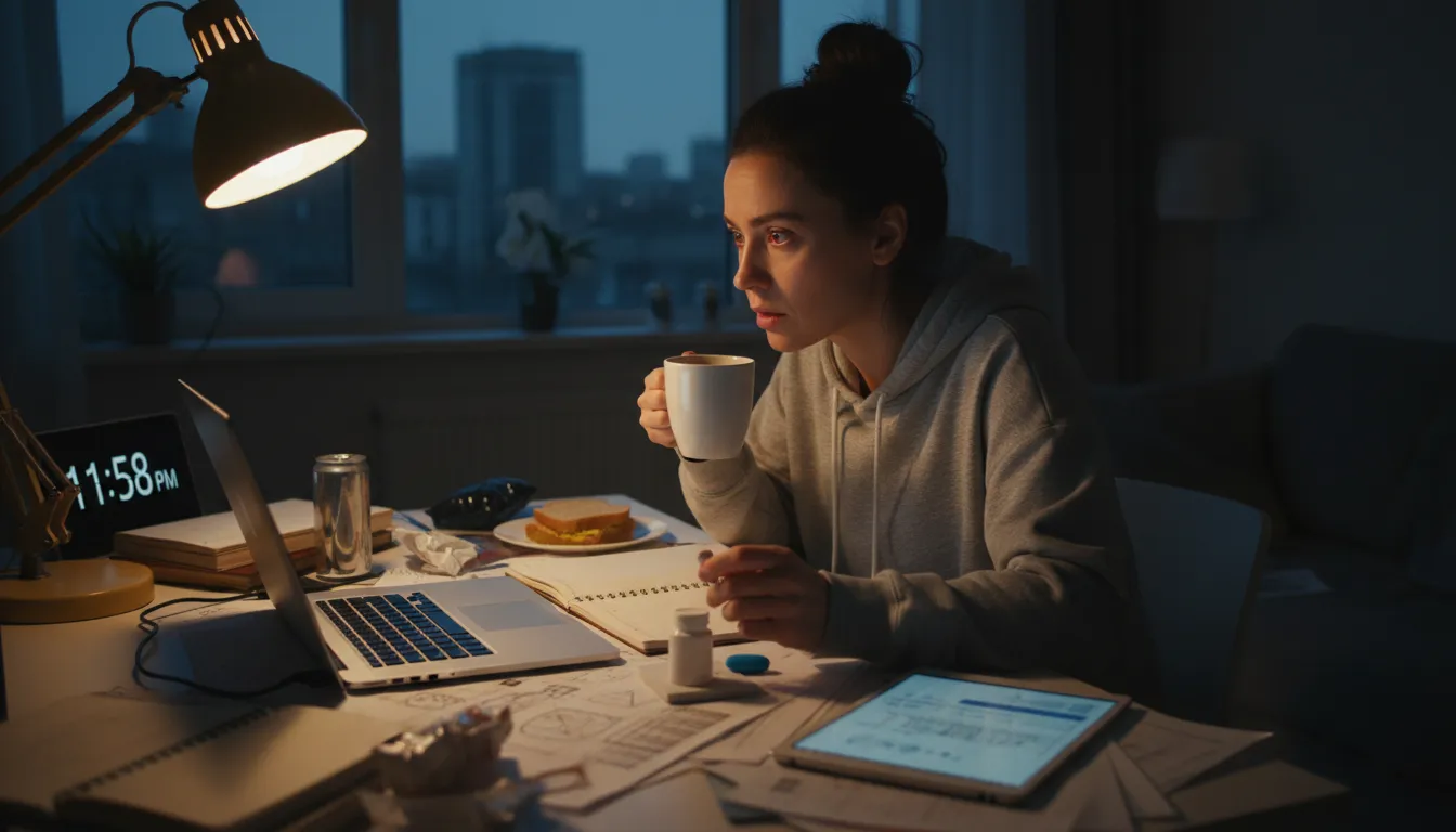 Illustration of adderall: A prescription stimulant taken off-label as a focus drug to power through long work sessions.