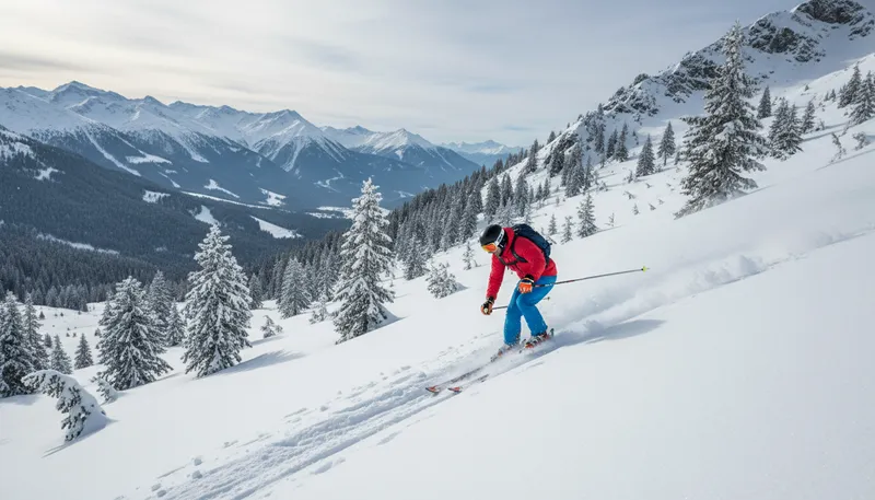 Illustration of skier: Person who skis on snow for sport or fun.