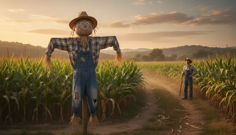 Illustration of scarecrow: A figure to scare away birds from crops.