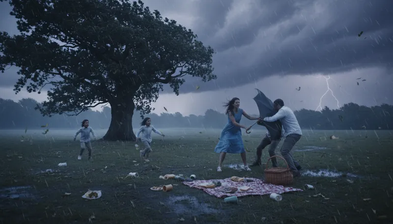 Illustration of stormy weather: severe weather with rain and wind.