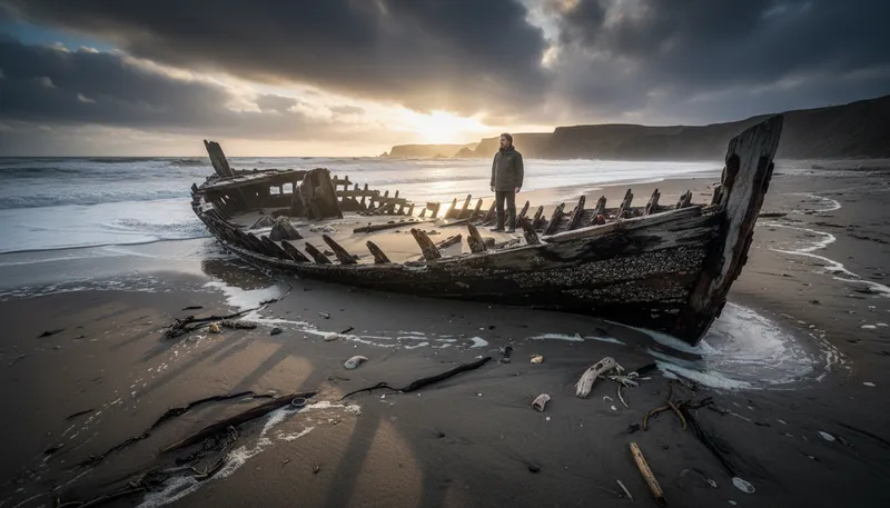 Illustration of shipwreck: A wrecked ship, often on a shore.