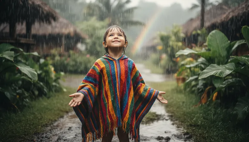 Illustration of poncho: A waterproof garment with a hole for the head.