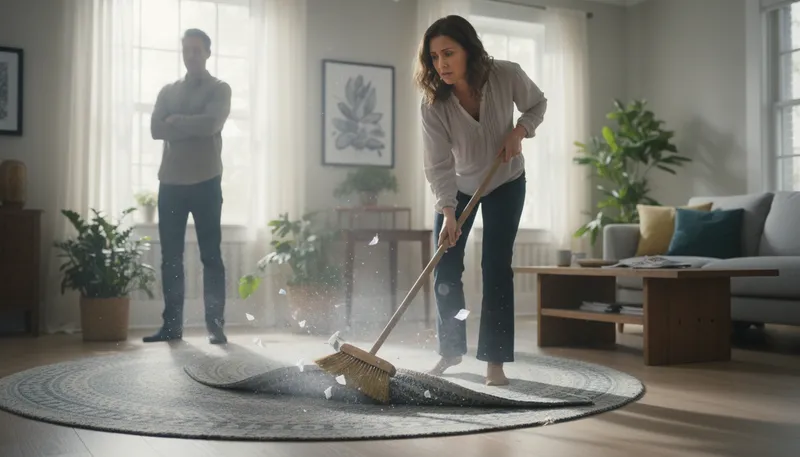 Illustration of under the rug: Hidden away or ignored.