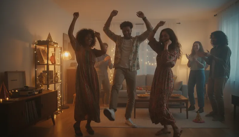 Illustration of boogie on down: dance energetically to music.