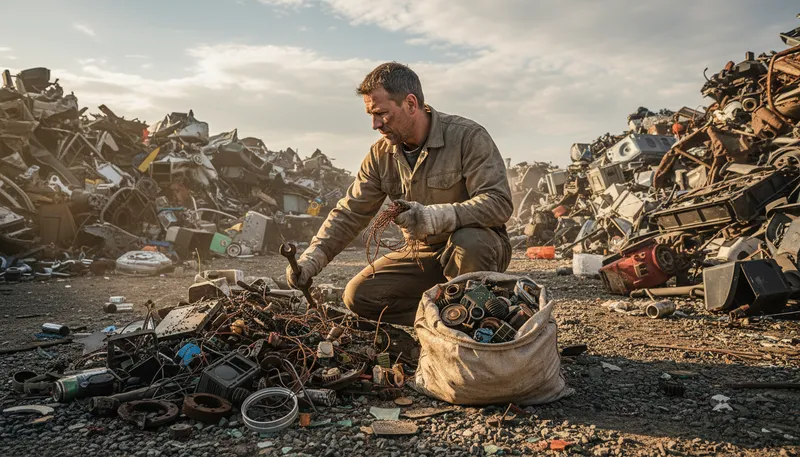 Illustration of scavenge: To search for and collect discarded items.