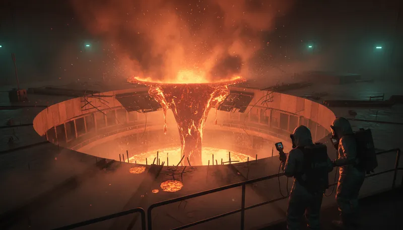 Illustration of china syndrome: A nuclear meltdown scenario.