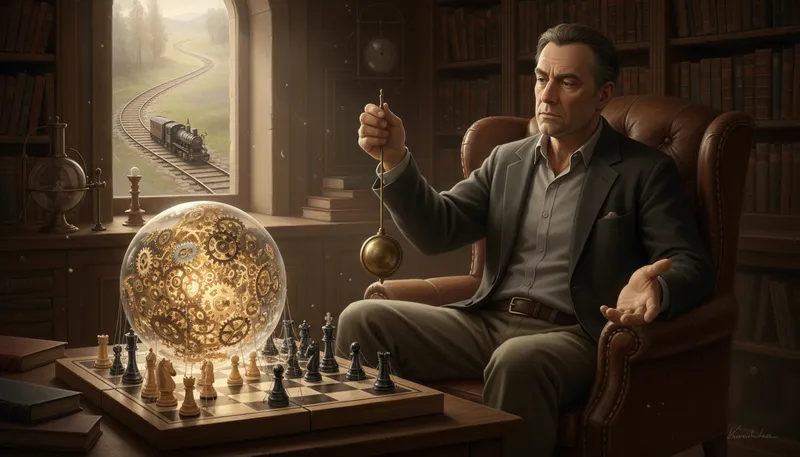 Illustration of determinism: the belief that all events are determined by prior causes