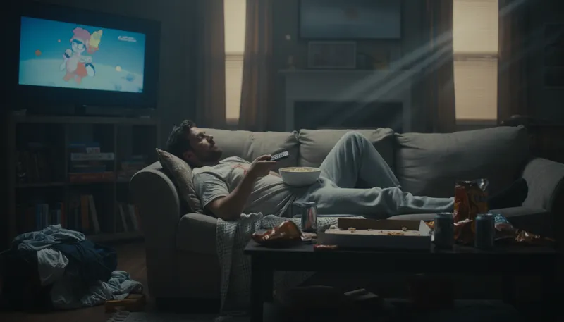 Illustration of couch potato: a lazy person who watches TV