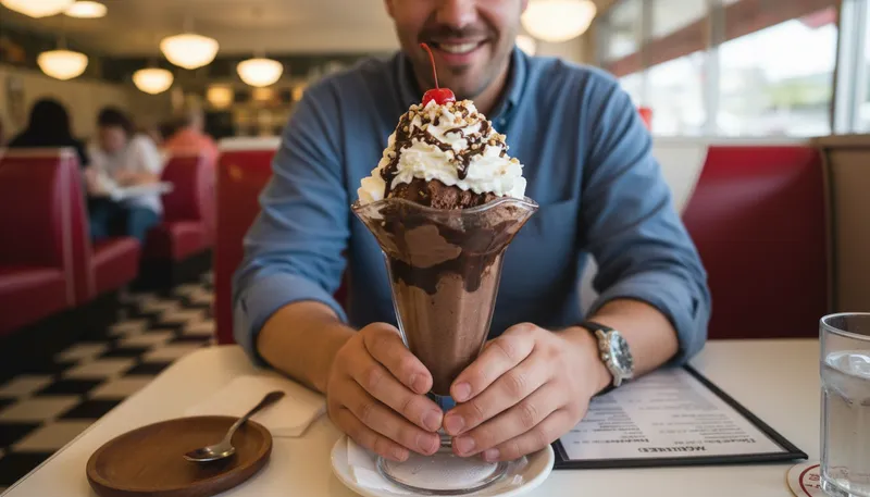 Illustration of sundae: a dessert made of ice cream and toppings.